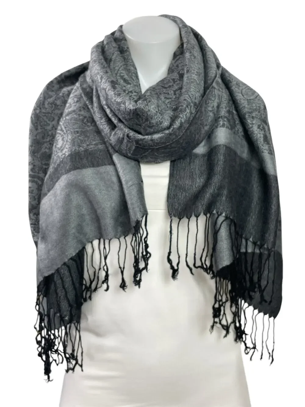 Pashmina Black Gray Paisley Colorblock Silk Fringe Wrap Shawl Neck Scarf OS